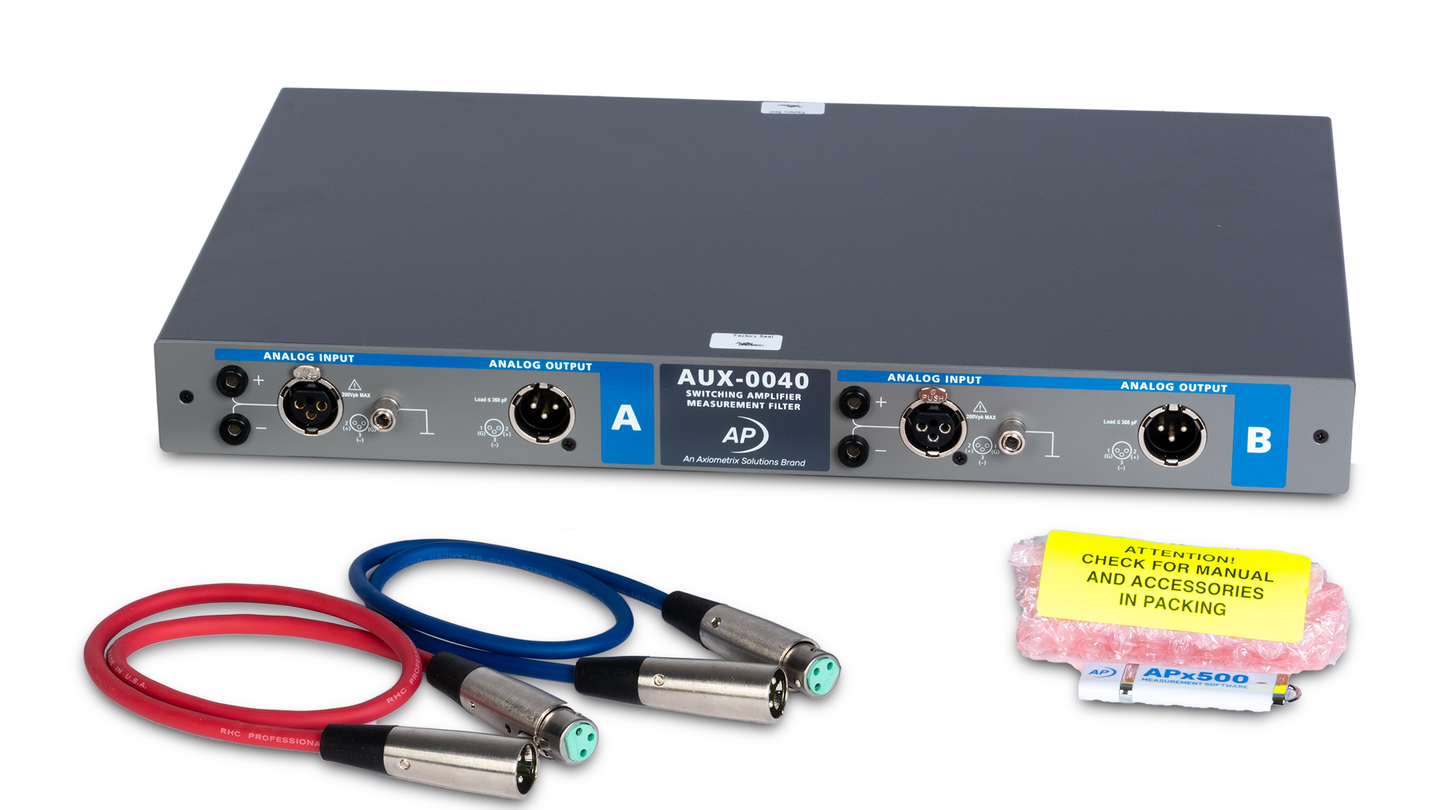 2-channel Switching Amplifier Measurement Filter, 40 kHz LP. Includes (2) XLR cables.