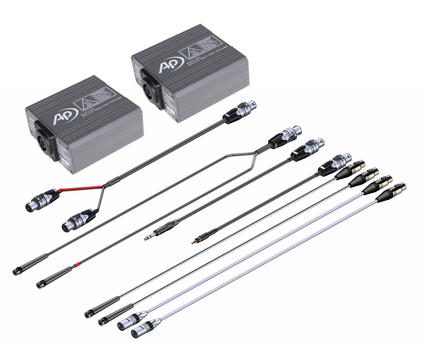 APx517 Self-Test fixture: 2 x APx1701 Self-Test fixture, Dual-Speakon-to-Speakon cable, Dual-BNC-to-Speakon cable, ¼ in-to-Speakon cable, 3.5-mm-to-Speakon cable, and 2 x XLR-to-BNC cable